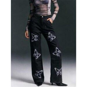 Butterfly Print High-Waisted Wide Leg Jeans